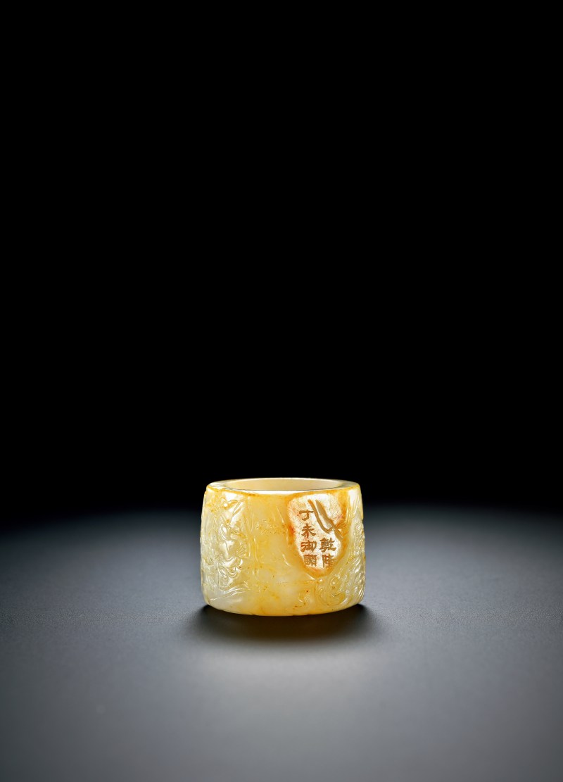 清乾隆 白玉留洒金皮御题诗秋猎图扳指