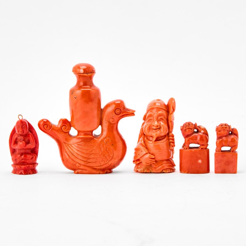 A Group of Five Chinese Coral Miniature Carvings