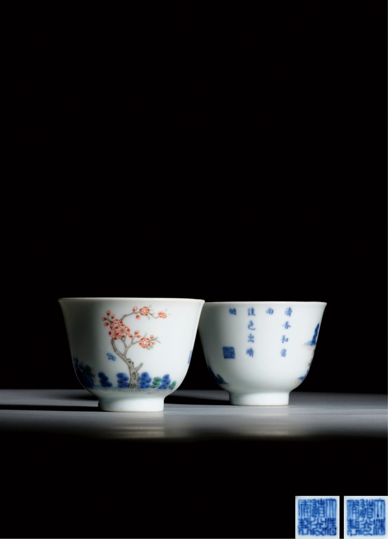 清道光 青花五彩二月杏花诗文花神杯（一对）