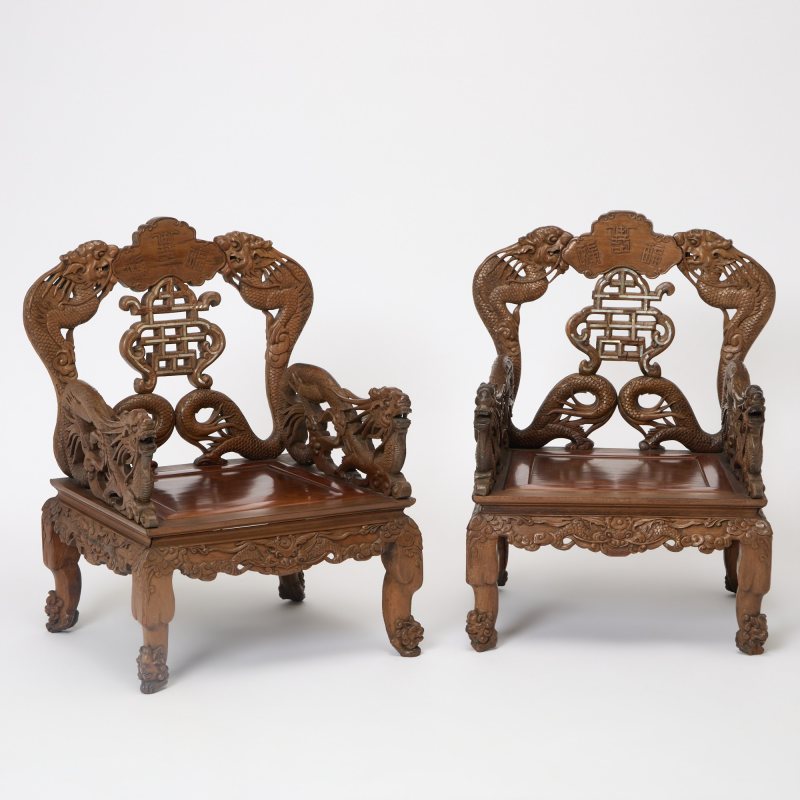 A Pair of Hardwood China Trade Armchairs and Side Table