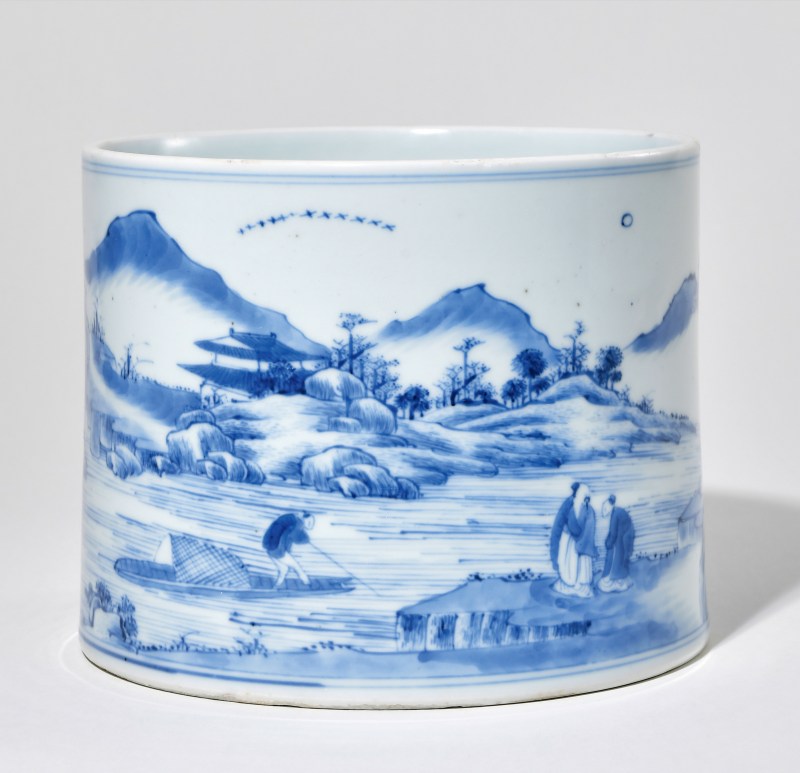 清康熙 青花山水高士图笔筒