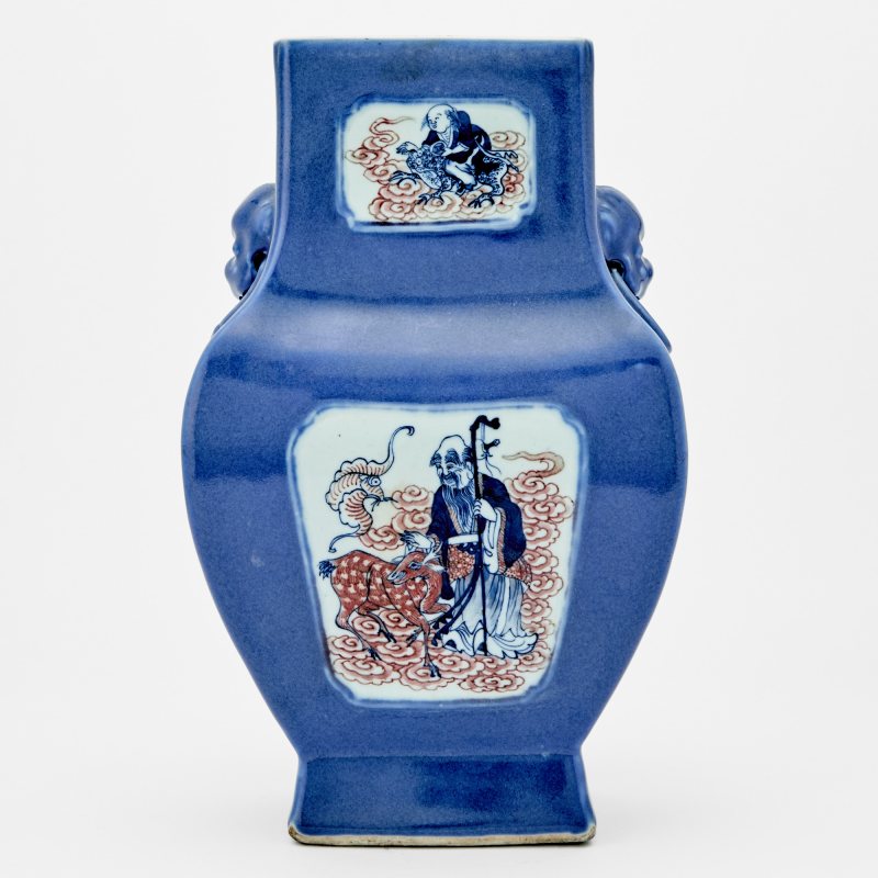 A Chinese Blue and White and Copper-Red-Decorated Square-Form Hu Vase