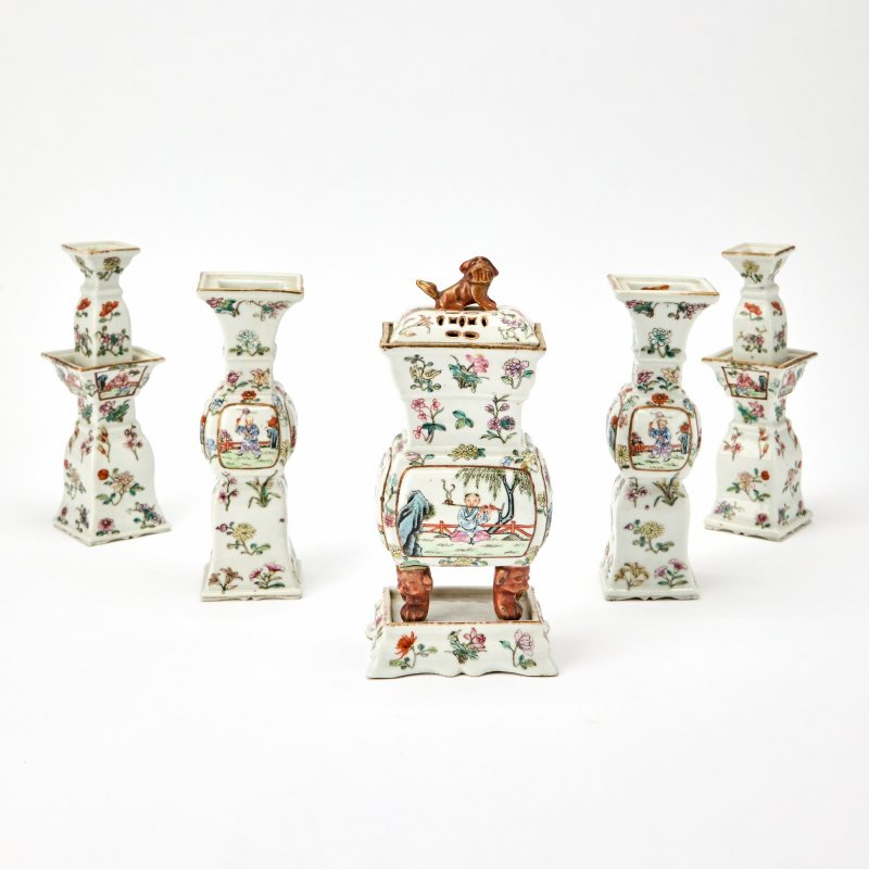 A Chinese Enameled Porcelain Five-Piece Miniature Garniture