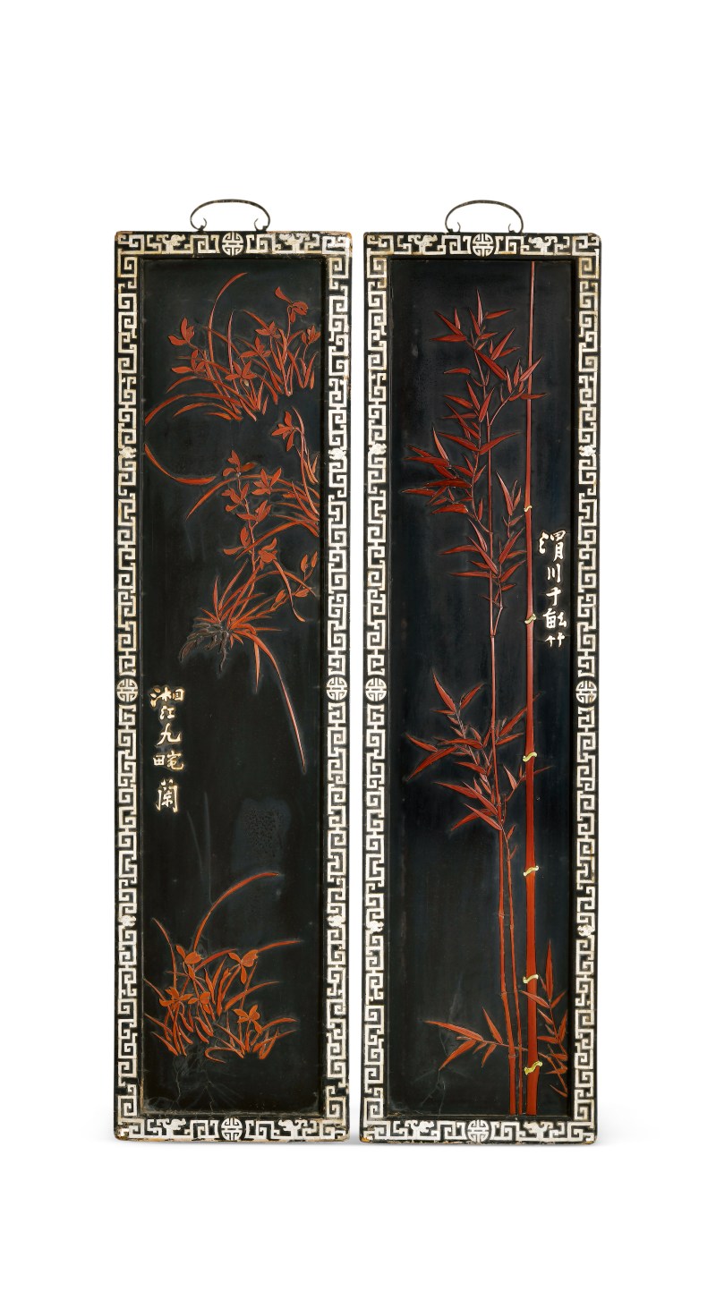 清 黑漆嵌竹挂屏一对 - 图1