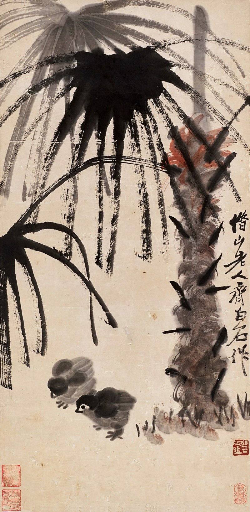 齐白石  棕榈小鸡 - 图1
