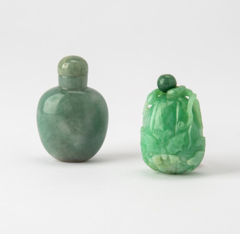 Two Chinese Carved Jadeite Snuff Bottles