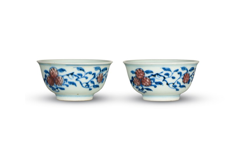 清中期 青花釉里红瓜果纹杯（一对） - 图1
