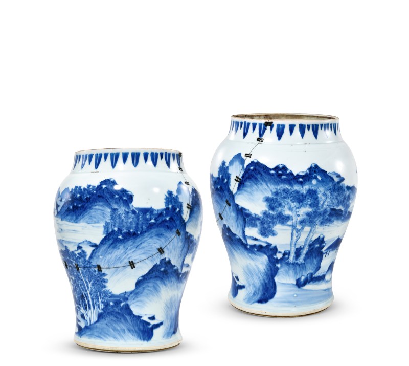 明崇祯 青花山水图莲子罐