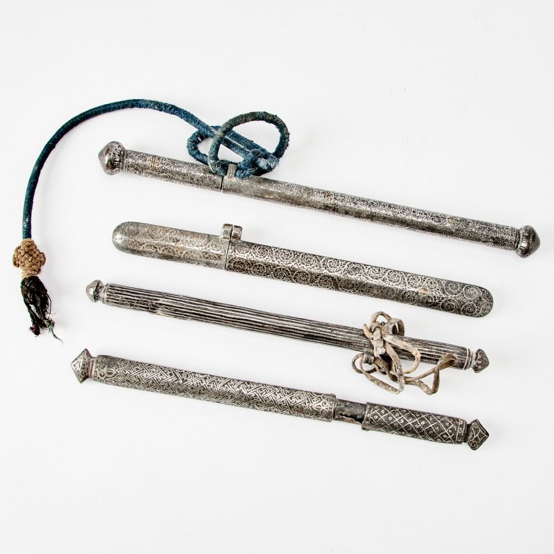 Four Indian Bidri Ware Silver and Brass-Inlaid Alloy Scroll Holders for the Sino-Tibetan Market