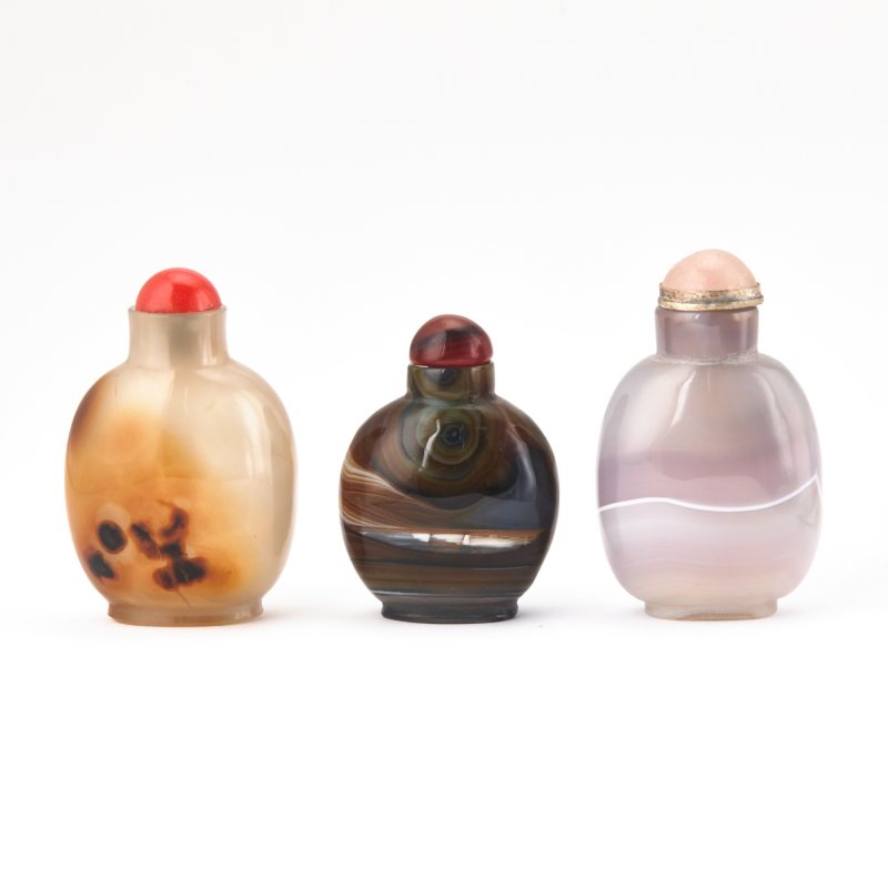Three Chinese Carved Agate Snuff Bottles