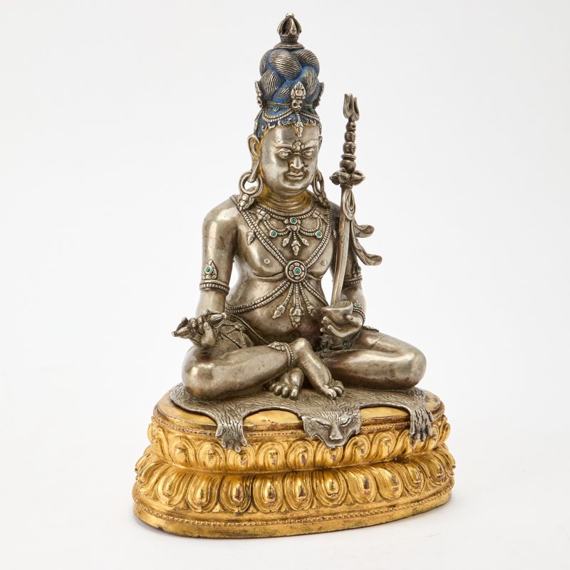 A Large and Rare Tibetan Parcel Gilt Mixed Metal Alloy Figure of Tsangnyon Heruka