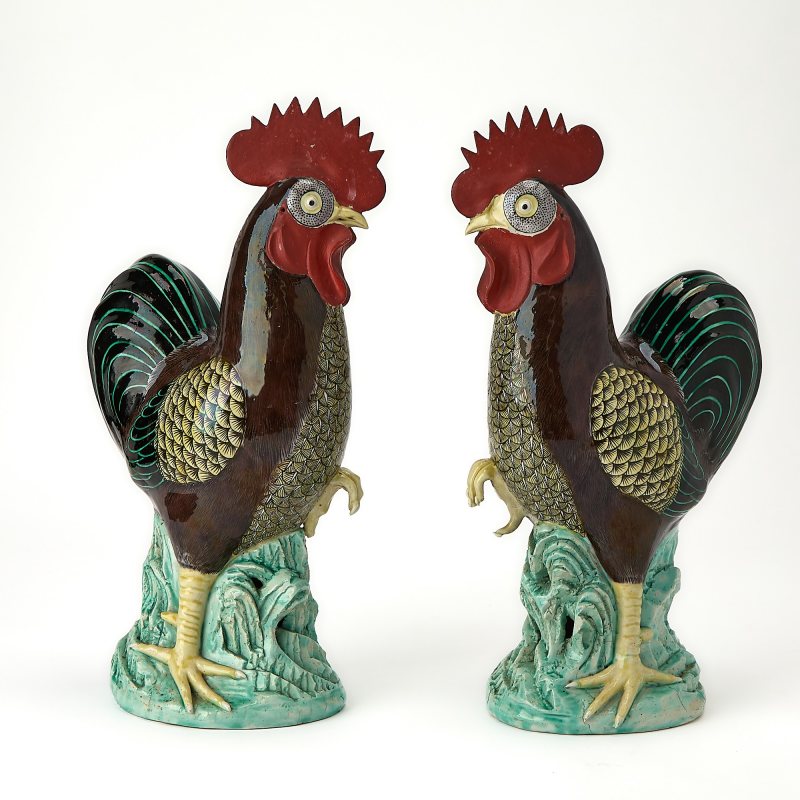 A Pair of Chinese Enameled Porcelain Roosters