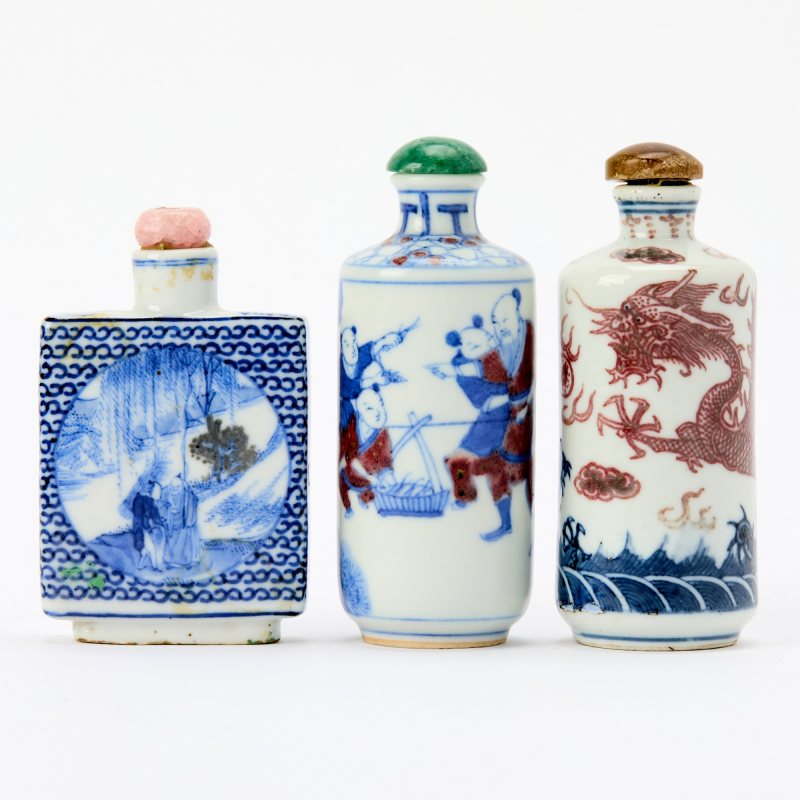 Three Blue and White and Copper Red Porcelain Snuff Bottles