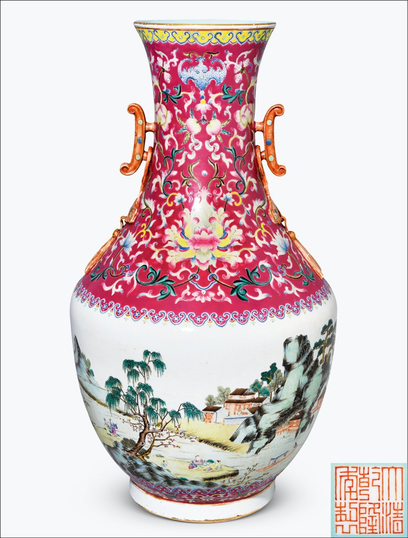 清晚期 粉彩山水人物纹吉庆耳大瓶 - 图1