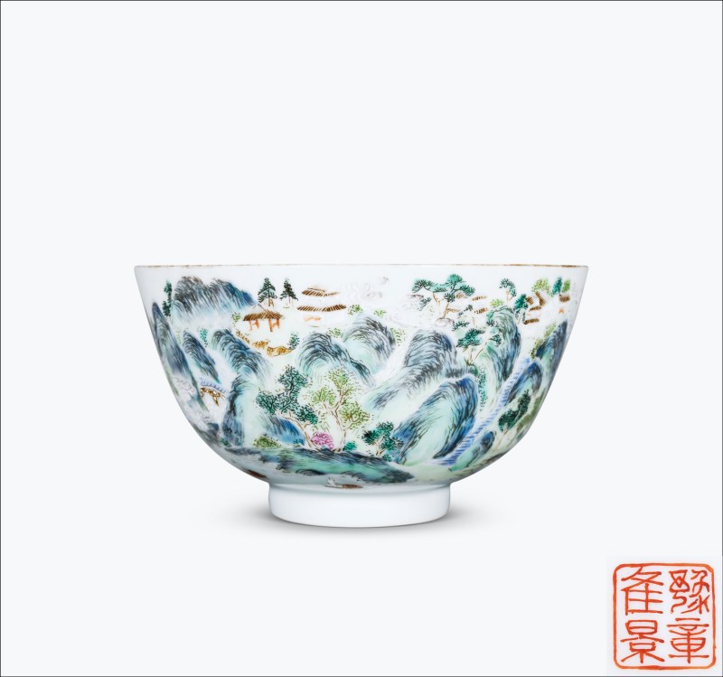 清中期 粉彩江西十景之庐山瀑布山水楼阁诗文碗