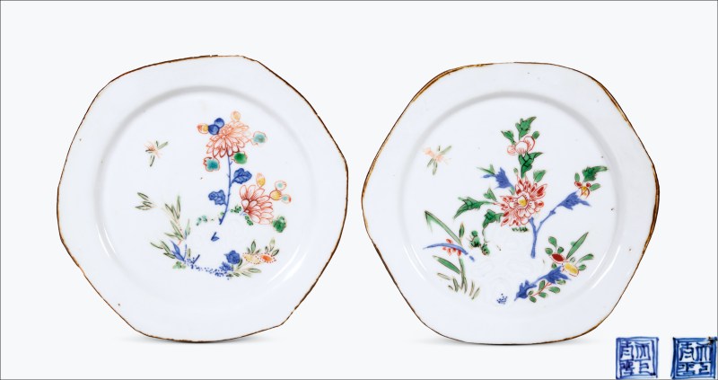 明天启 青花五彩洞石花卉纹盘一对