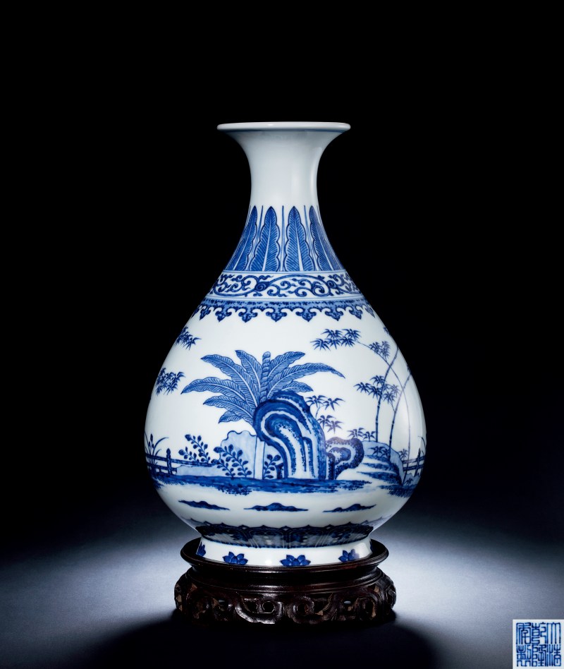 清乾隆 青花竹石芭蕉玉壶春瓶 - 图1