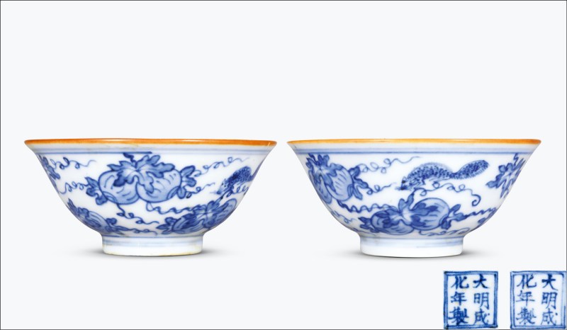 清早期 青花松鼠瓜瓞图茶碗一对 - 图1