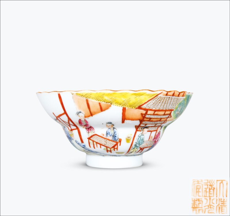 清道光 粉彩耕织诗文花口折腰碗