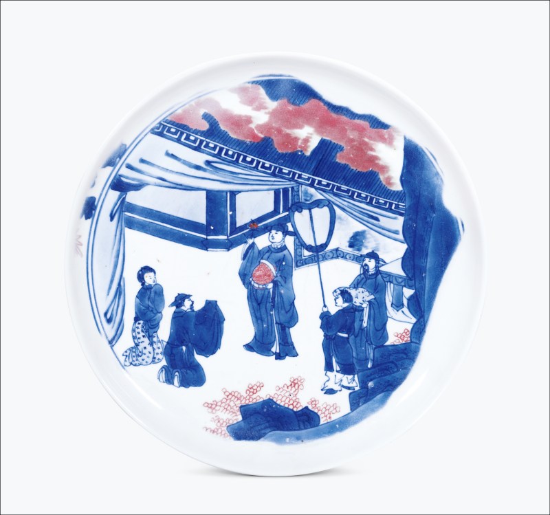 清康熙 青花釉里红折桂图大盘