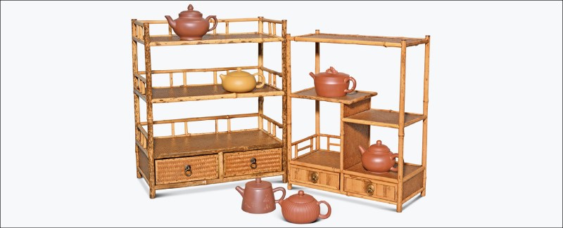 当代 竹茶棚、紫砂壶八件