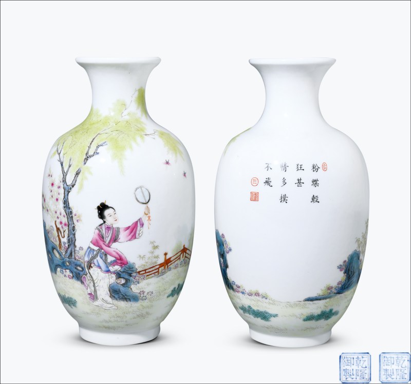 民国 仿珐琅彩仕女诗文瓶一对