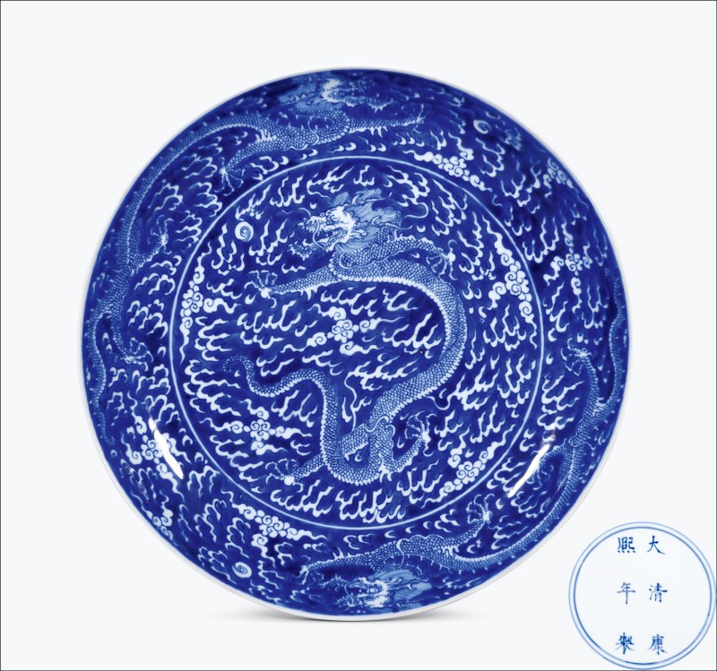 清康熙 青花留白云龙纹大盘