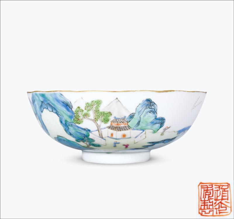 清道光 粉彩山水人物纹花口大碗