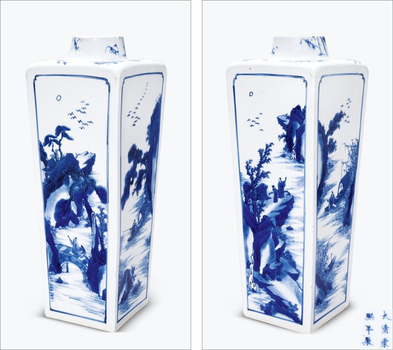 清康熙 青花山水人物纹天圆地方瓶