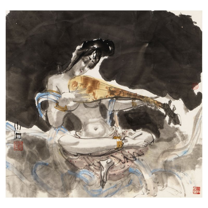 傅小石（1932-2016）　伎樂飛天　設色紙本　鏡框 | FU XIAOSHI (1932-2016) - 图1