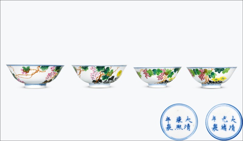 清光绪 粉彩葡萄花卉纹碗两对 - 图1