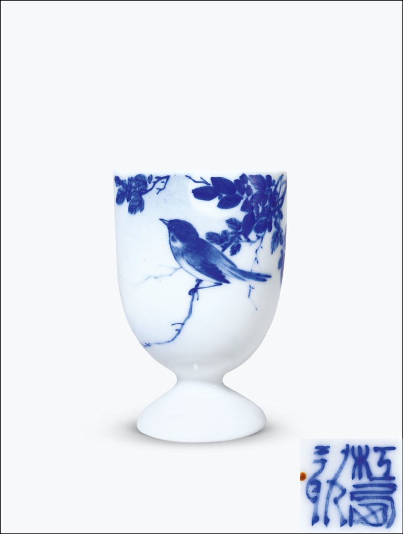 民国 青花花鸟纹高足杯