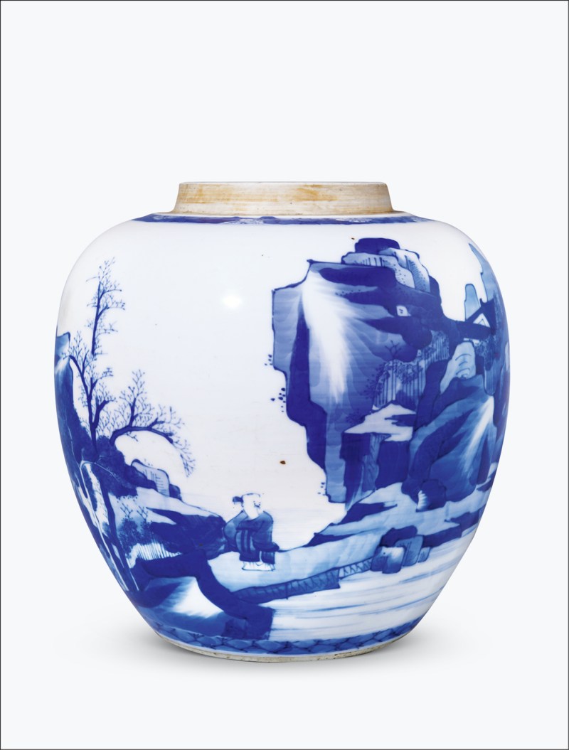 清康熙 青花山水人物纹罐 - 图1