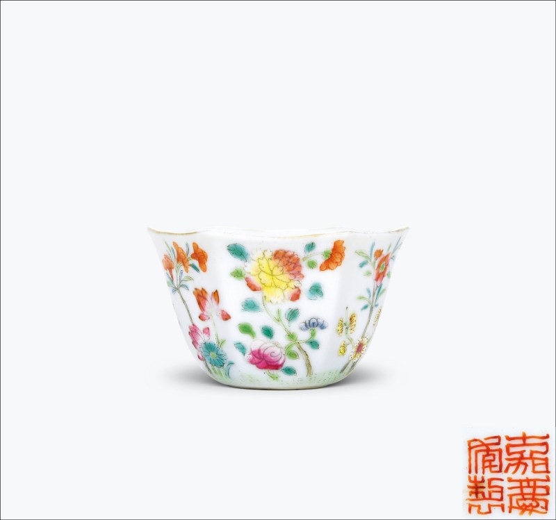 清嘉庆 粉彩十二花神图六方杯 - 图1
