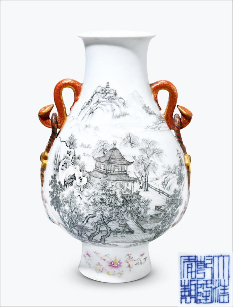 民国 墨彩加粉彩山水人物纹如意万年耳尊 - 图1