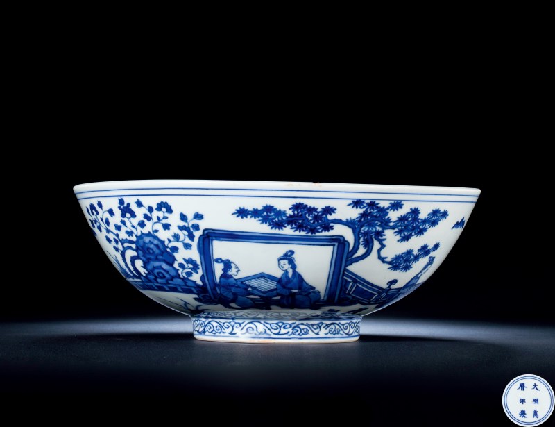 明万历 青花琴棋书画四艺图大碗 - 图1