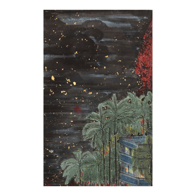 羅青（生於1948年）　推窗跰落一天星鬥　設色金箋　立軸　一九八六年作 | LO CH'ING (LUO QING, BORN 1948) - 图1