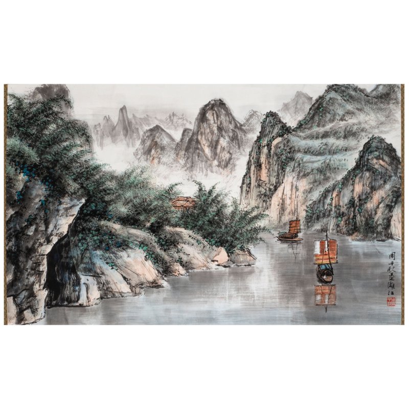 週千秋（1910-2006）　漓江煙景　設色紙本　鏡框 | ZHOU QIANQIU (1910-2006) - 图1
