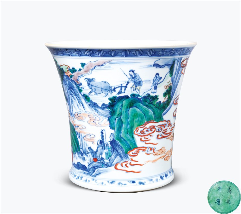 清康熙早期 青花加彩饲牛拜相图笔筒