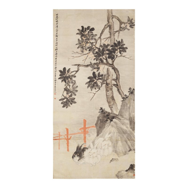 呂萬（1885-1951）/洪基（1887-?）　桂樹棲兔　設色紙本　鏡心　一九二一年作 | LÜ WAN (1885-1951)/HONG JI (1887-?); HE QIYU (1891-1958) - 图2