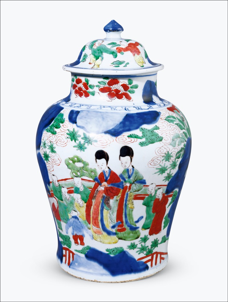 清顺治 青花五彩四妃十六子图将军罐