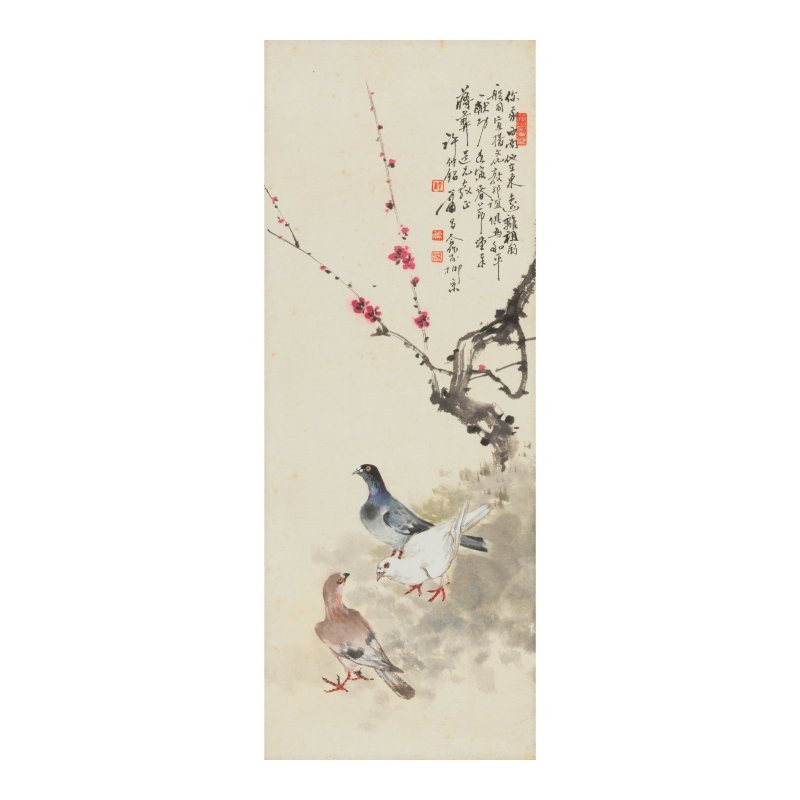 許仲銘/蕭昌　為蔣彝寫和平鴿　設色紙本　立軸　二十世紀 | C.M. HSU (XU ZHONGMING) AND XIAO CHANG (20TH CENTURY) - 图1