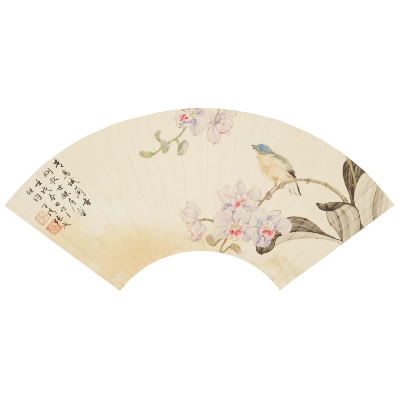 張守成（1918-2013）　蘭香禽語　設色紙本　扇麵　一九八二年作 | ZHANG SHOUCHENG (1918-2013)