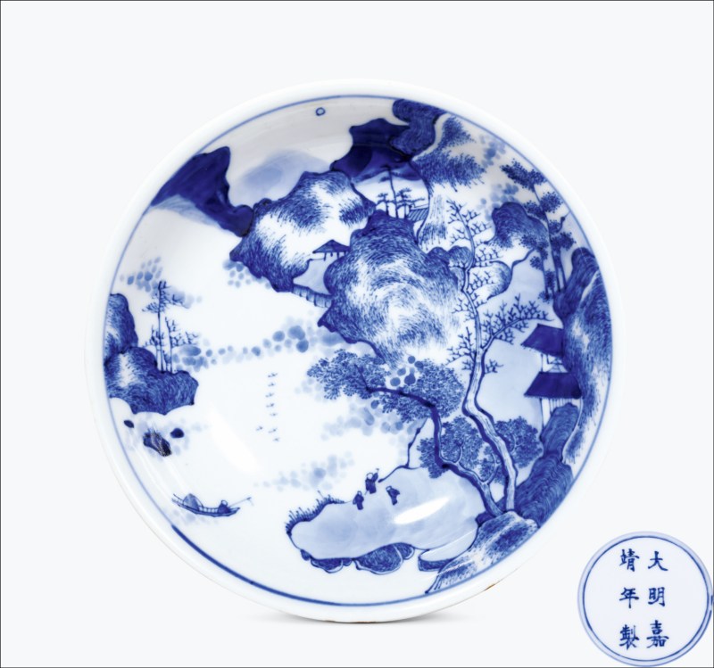 清康熙早期 青花披麻皴山水人物纹盘
