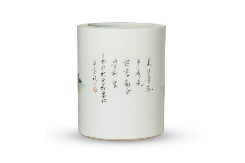 民国 浅绛彩仕女笔筒 - 图2