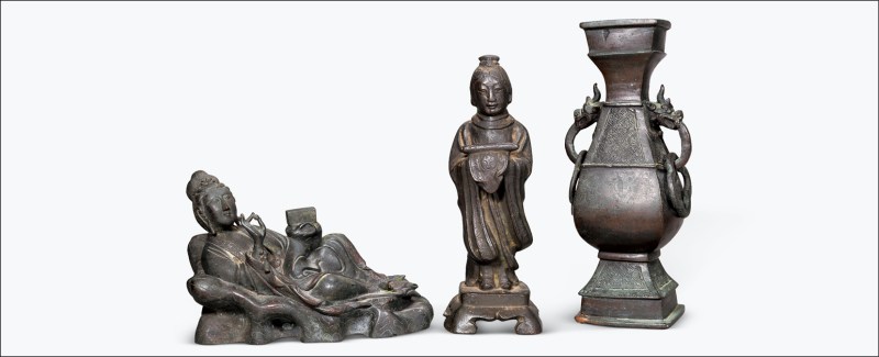 明、清 铜观音像、侍女像、瓶各一件