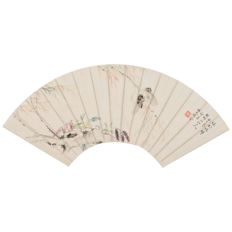 秦文錦（1871-1969）　秌柳鳴蟬　設色紙本　鏡框扇面　一九五三年作 | QIN WENJIN (1871-1969) - 图3