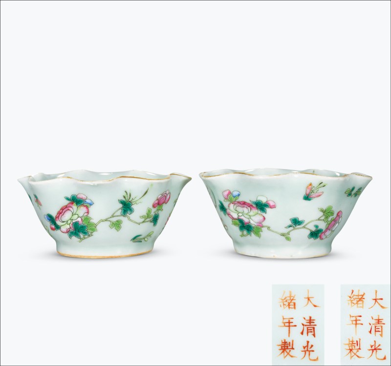 清光绪 青釉粉彩折枝花卉纹花口杯一对