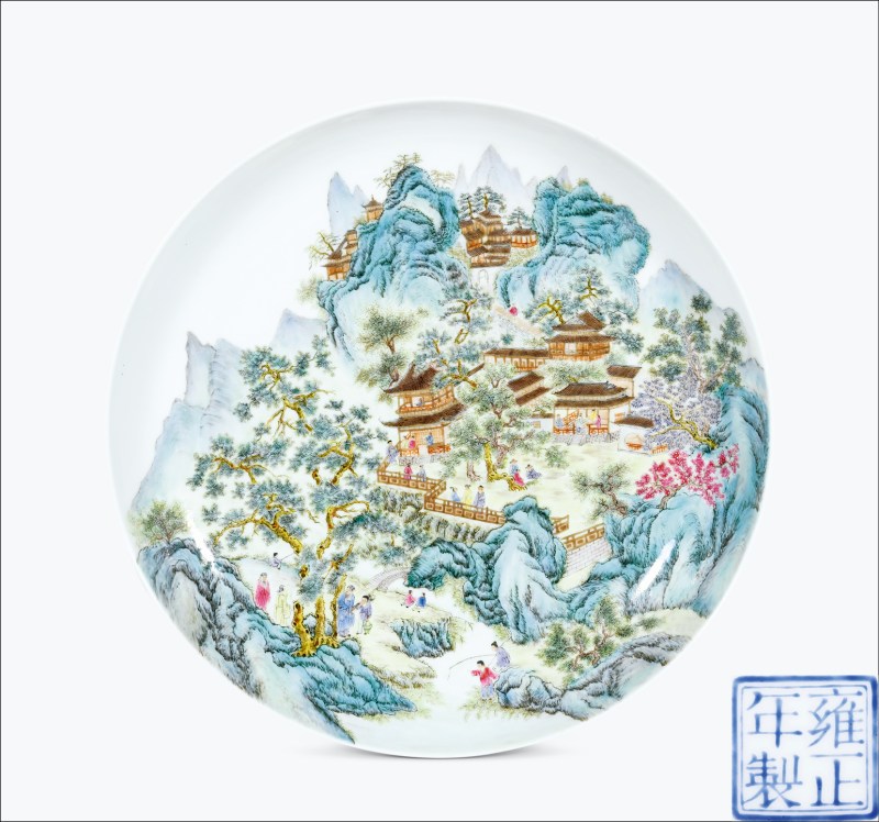 民国 仿珐琅彩内山水人物纹外竹纹大盘 - 图1