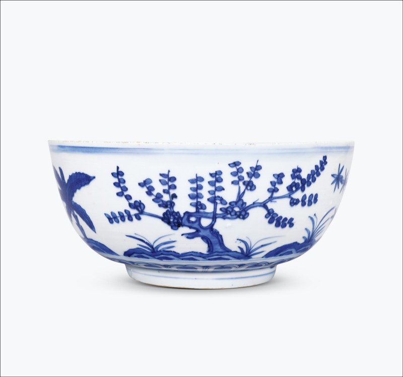 明晚期 青花内花果纹外岁寒三友图大碗